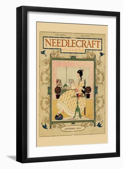 Victorian Girl Does Needlepoint Portrait-Needlecraft Magazine-Framed Art Print