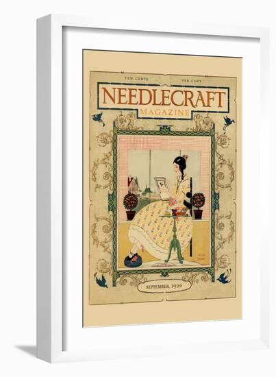 Victorian Girl Does Needlepoint Portrait-Needlecraft Magazine-Framed Art Print