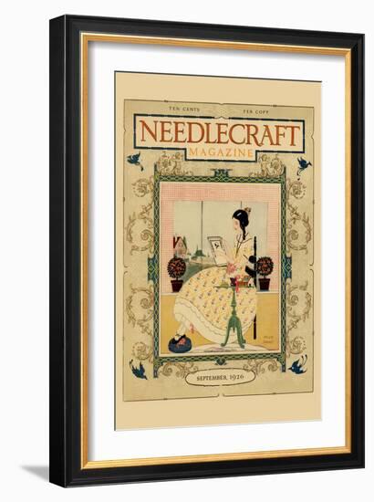 Victorian Girl Does Needlepoint Portrait-Needlecraft Magazine-Framed Art Print