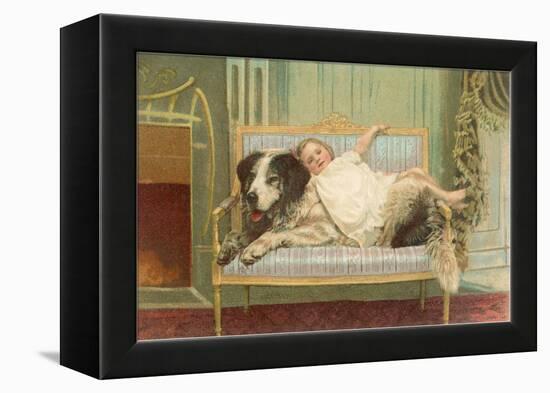 Victorian Girl Lying on St. Bernard on Couch-null-Framed Stretched Canvas