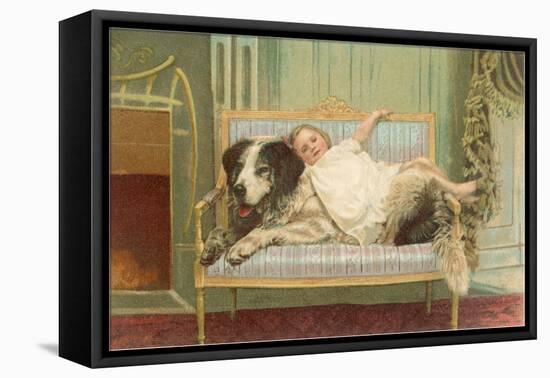 Victorian Girl Lying on St. Bernard on Couch-null-Framed Stretched Canvas