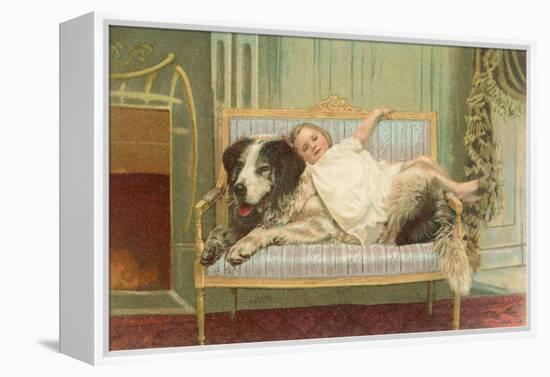 Victorian Girl Lying on St. Bernard on Couch-null-Framed Stretched Canvas