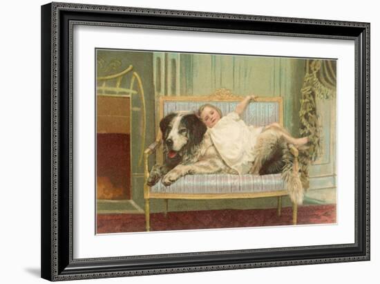 Victorian Girl Lying on St. Bernard on Couch-null-Framed Art Print