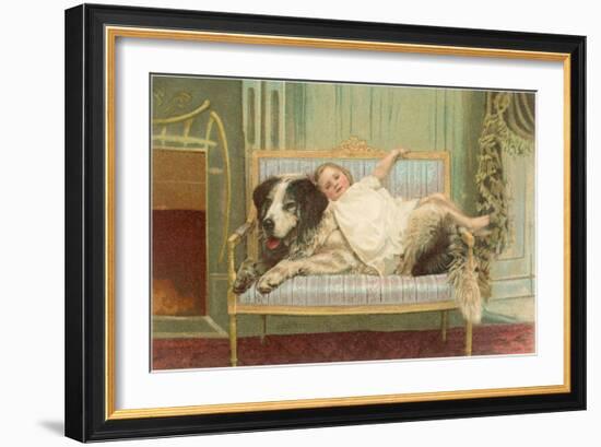 Victorian Girl Lying on St. Bernard on Couch-null-Framed Art Print