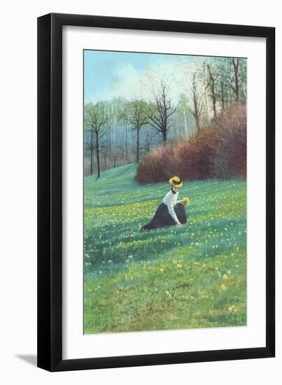 Victorian Lady Picking Flowers in Field-null-Framed Art Print