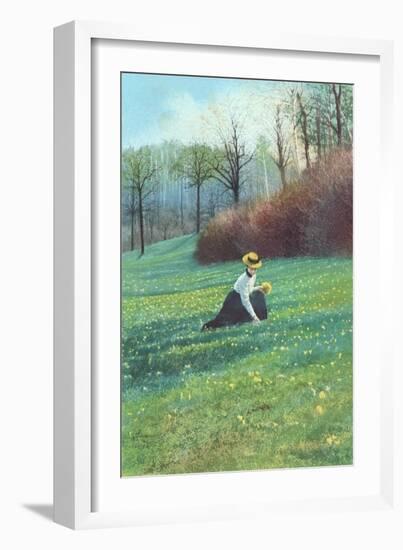 Victorian Lady Picking Flowers in Field-null-Framed Art Print