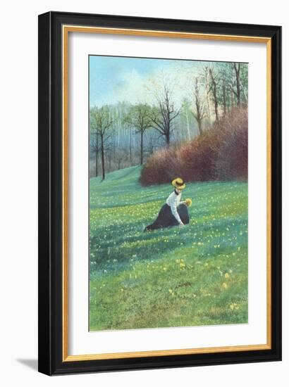 Victorian Lady Picking Flowers in Field-null-Framed Art Print