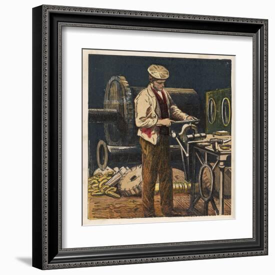 Victorian Metalworker Machining a Part in His Workshop-null-Framed Art Print