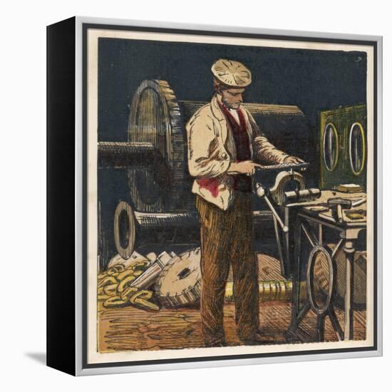 Victorian Metalworker Machining a Part in His Workshop-null-Framed Stretched Canvas