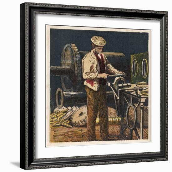 Victorian Metalworker Machining a Part in His Workshop-null-Framed Art Print