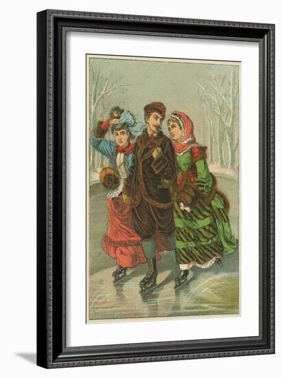 Victorian Print of Three People Ice Skating-null-Framed Giclee Print