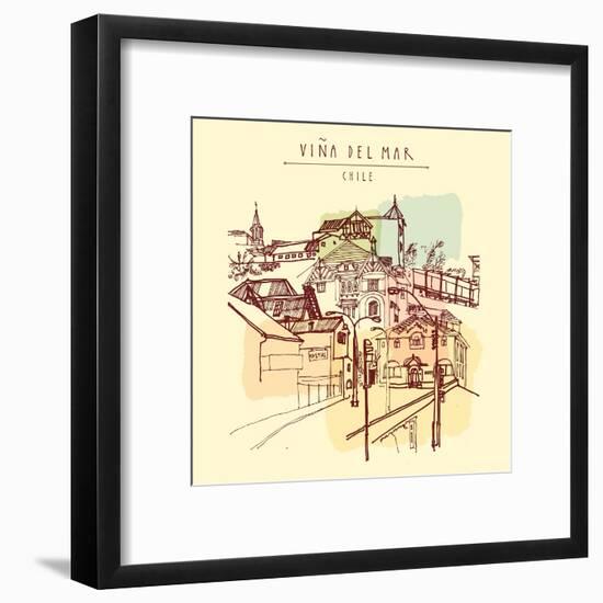 Victorian Style Architecture in Vina Del Mar, Chile, South America. Hand Drawn Vintage Postcard. Ve-babayuka-Framed Art Print