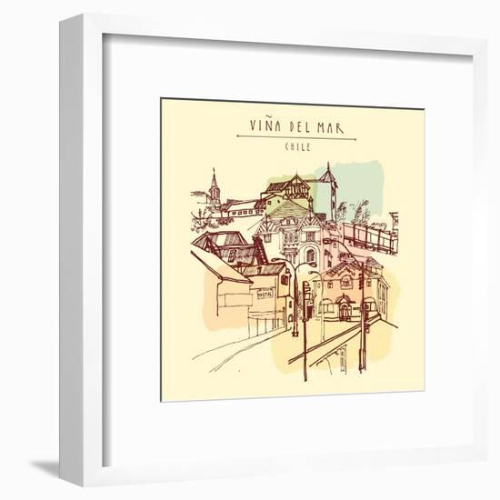Victorian Style Architecture in Vina Del Mar, Chile, South America. Hand Drawn Vintage Postcard. Ve-babayuka-Framed Art Print