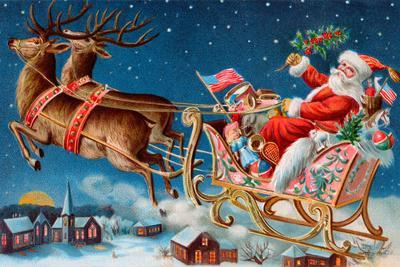 Santa and His Sleigh Flying above a Sleepy Village on Christmas Eve a 1906 Vintage Illustration Photographic Print Victorian Traditions Art