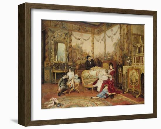 Victorien Sardou (1831-1908) and His Family in Their Drawing Room at Marly-Le-Roi, circa 1875-Auguste de La Brely-Framed Giclee Print