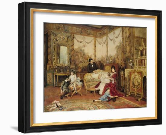 Victorien Sardou (1831-1908) and His Family in Their Drawing Room at Marly-Le-Roi, circa 1875-Auguste de La Brely-Framed Giclee Print