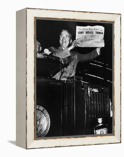 Victorious President Harry Truman Displaying Chicago Daily Tribune Headline, Dewey Defeats Truman-W^ Eugene Smith-Framed Premier Image Canvas