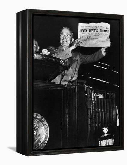 Victorious President Harry Truman Displaying Chicago Daily Tribune Headline, Dewey Defeats Truman-W^ Eugene Smith-Framed Premier Image Canvas