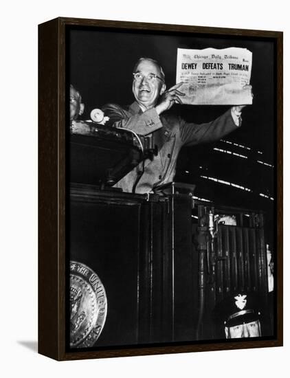 Victorious President Harry Truman Displaying Chicago Daily Tribune Headline, Dewey Defeats Truman-W^ Eugene Smith-Framed Premier Image Canvas