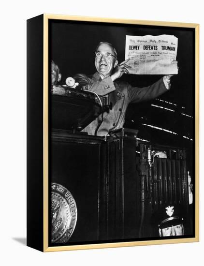 Victorious President Harry Truman Displaying Chicago Daily Tribune Headline, Dewey Defeats Truman-W^ Eugene Smith-Framed Premier Image Canvas