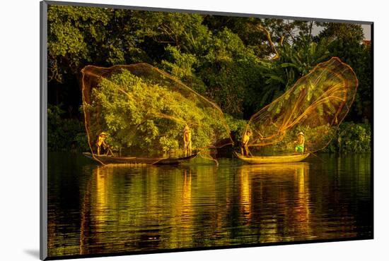 Vietnam. Butterfly net fishing. Fishermen working in complete synchronization.-Tom Norring-Mounted Photographic Print