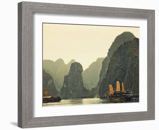 Vietnam, Halong Bay and Tourist Junk Boat-Steve Vidler-Framed Photographic Print