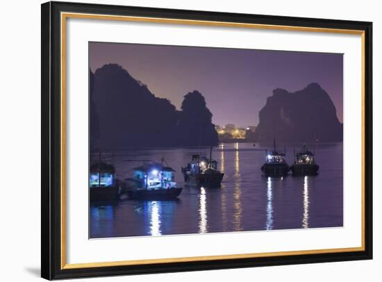 Vietnam, Halong City, Halong Bay Fishing Boats, Dusk-Walter Bibikow-Framed Photographic Print