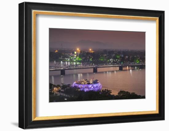Vietnam, Hue. Trang Tien Bridge and Perfume River, Elevated View, Dusk-Walter Bibikow-Framed Photographic Print