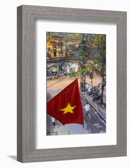 Vietnamese Flag and Street Scene, Hanoi, Vietnam-Peter Adams-Framed Photographic Print