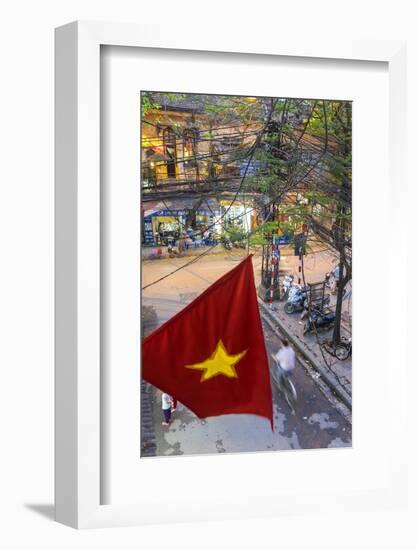 Vietnamese Flag and Street Scene, Hanoi, Vietnam-Peter Adams-Framed Photographic Print