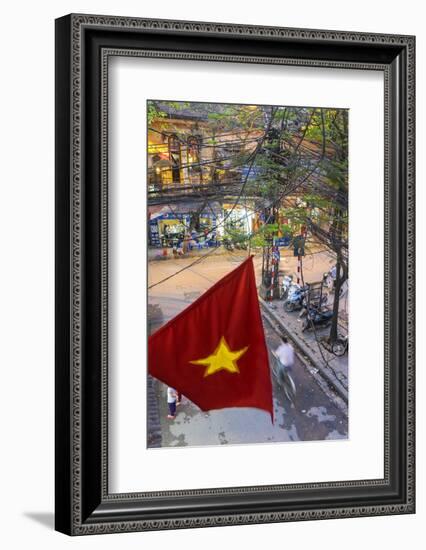 Vietnamese Flag and Street Scene, Hanoi, Vietnam-Peter Adams-Framed Photographic Print