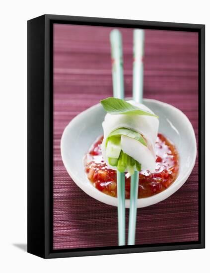 Vietnamese Spring Roll on Chopsticks over Chili Sauce-null-Framed Premier Image Canvas