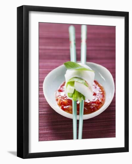 Vietnamese Spring Roll on Chopsticks over Chili Sauce-null-Framed Photographic Print