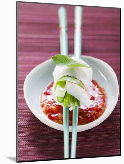 Vietnamese Spring Roll on Chopsticks over Chili Sauce-null-Mounted Photographic Print