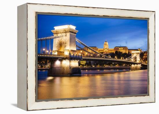 View across Danube River of Chain Bridge and Buda Castle at Night, UNESCO World Heritage Site-Ben Pipe-Framed Premier Image Canvas