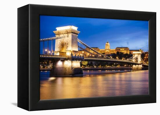 View across Danube River of Chain Bridge and Buda Castle at Night, UNESCO World Heritage Site-Ben Pipe-Framed Premier Image Canvas