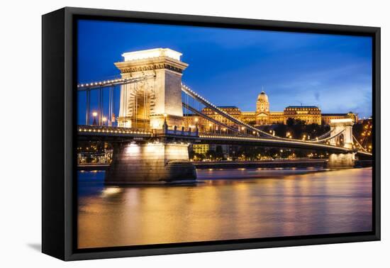 View across Danube River of Chain Bridge and Buda Castle at Night, UNESCO World Heritage Site-Ben Pipe-Framed Premier Image Canvas