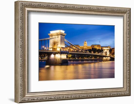 View across Danube River of Chain Bridge and Buda Castle at Night, UNESCO World Heritage Site-Ben Pipe-Framed Photographic Print