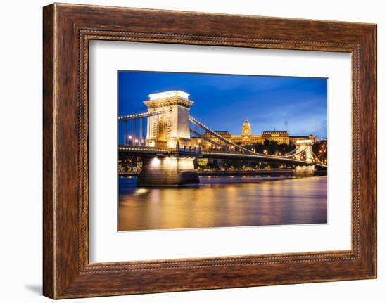 View across Danube River of Chain Bridge and Buda Castle at Night, UNESCO World Heritage Site-Ben Pipe-Framed Photographic Print