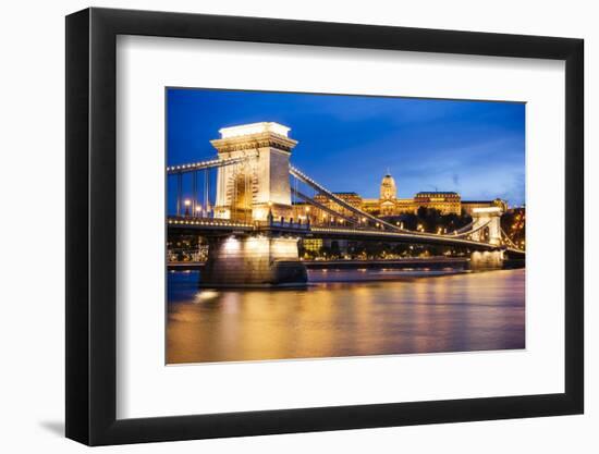 View across Danube River of Chain Bridge and Buda Castle at Night, UNESCO World Heritage Site-Ben Pipe-Framed Photographic Print