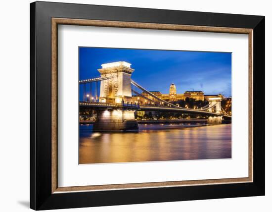 View across Danube River of Chain Bridge and Buda Castle at Night, UNESCO World Heritage Site-Ben Pipe-Framed Photographic Print