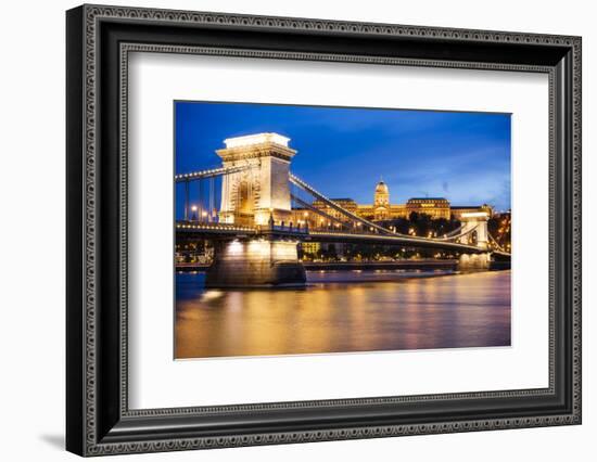 View across Danube River of Chain Bridge and Buda Castle at Night, UNESCO World Heritage Site-Ben Pipe-Framed Photographic Print