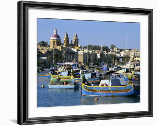 View across Harbour with Traditional Luzzu Fishing Boats, Marsaxlokk, Malta, Mediterranean, Europe-Stuart Black-Framed Photographic Print
