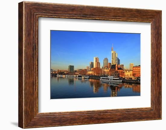 View across Main River towards the skyline of Frankfurt am Main, Hesse, Germany, Europe-Hans-Peter Merten-Framed Photographic Print