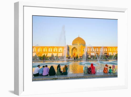 View across Naqsh-e (Imam) Square from Ali Qapu Palace opposite Sheikh Lotfollah Mosque, UNESCO Wor-James Strachan-Framed Photographic Print