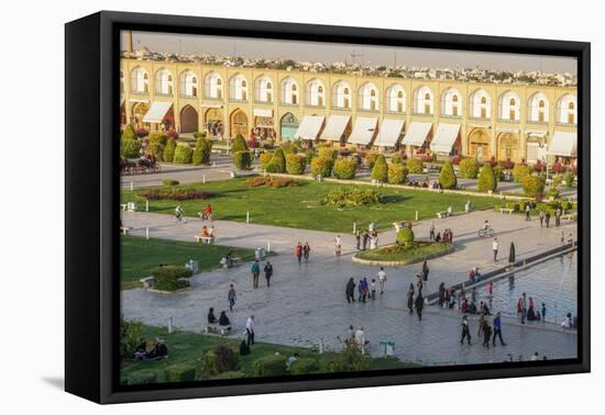 View across Naqsh-e (Imam) Square, UNESCO World Heritage Site, from Ali Qapu Palace, Isfahan, Iran,-James Strachan-Framed Premier Image Canvas