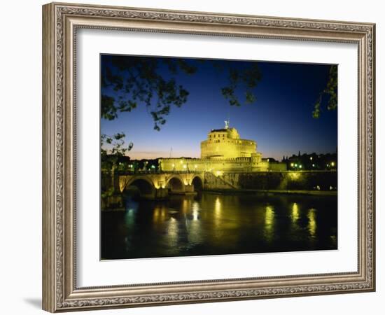 View across River Tiber to Illuminated Castel Sant'Angelo at Dusk, Rome, Lazio, Italy, Europe-Tomlinson Ruth-Framed Photographic Print