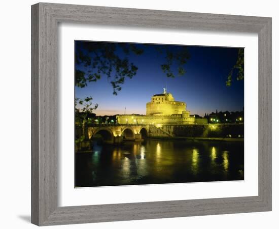 View across River Tiber to Illuminated Castel Sant'Angelo at Dusk, Rome, Lazio, Italy, Europe-Tomlinson Ruth-Framed Photographic Print