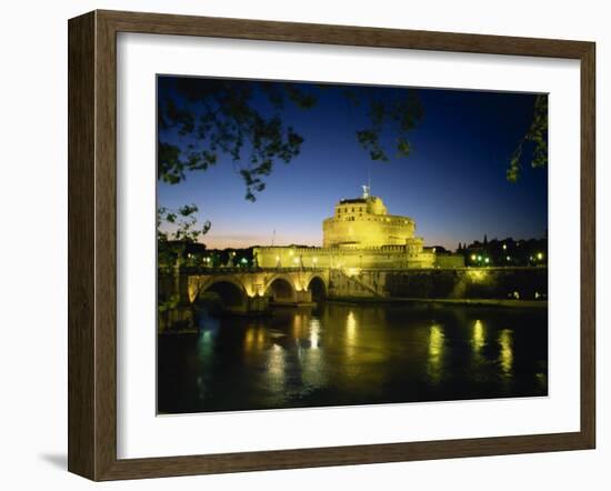 View across River Tiber to Illuminated Castel Sant'Angelo at Dusk, Rome, Lazio, Italy, Europe-Tomlinson Ruth-Framed Photographic Print