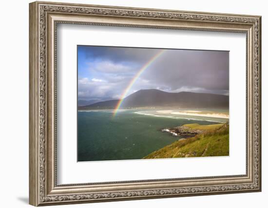 View across the Beach at Seilebost Towards Luskentyre and the Hills of North Harris with a Rainbow-Lee Frost-Framed Photographic Print